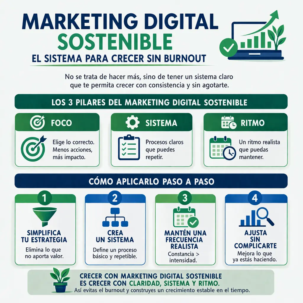pilares del marketing digital sostenible con foco sistema y ritmo para crecer sin burnout