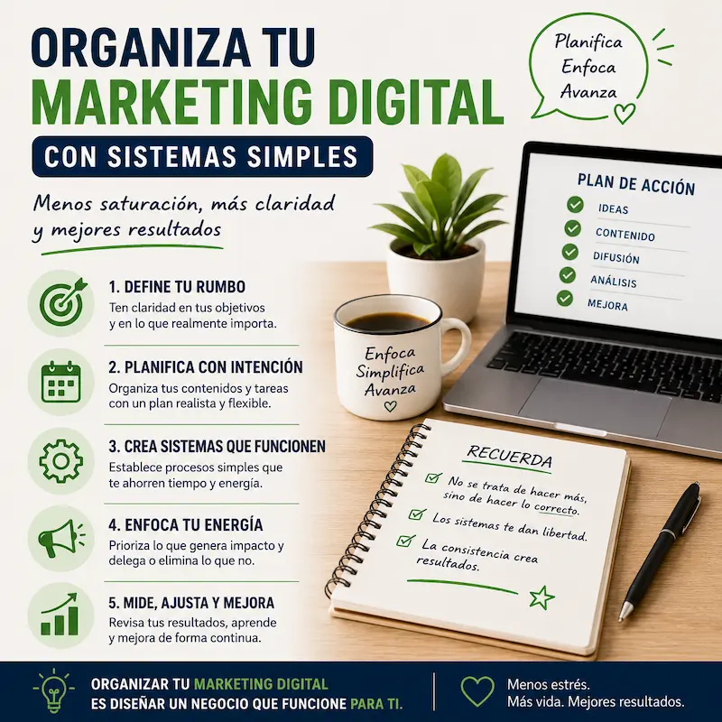 Organizar tu marketing digital con sistemas simples y sostenibles para trabajar con menos estrés