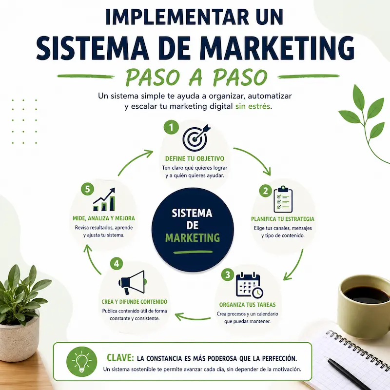 Infografía sobre cómo implementar un sistema de marketing paso a paso de forma organizada y sostenible