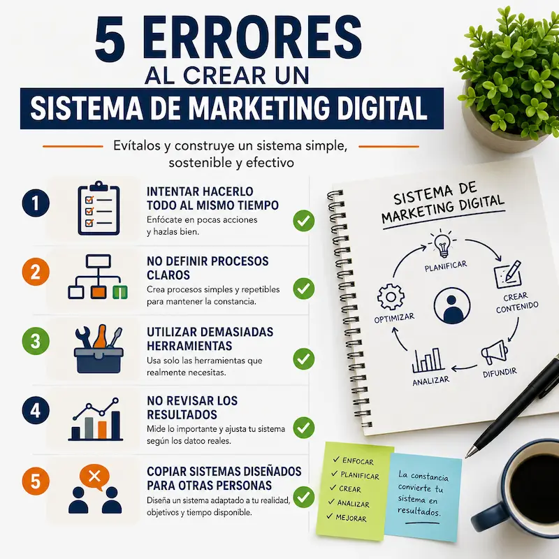 Infografía sobre los errores más comunes al crear un sistema de marketing digital