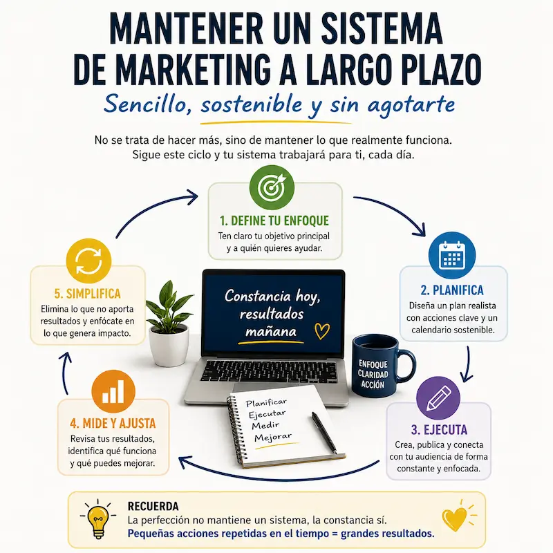 Proceso para mantener un sistema de marketing a largo plazo mediante planificación, constancia y mejora continua