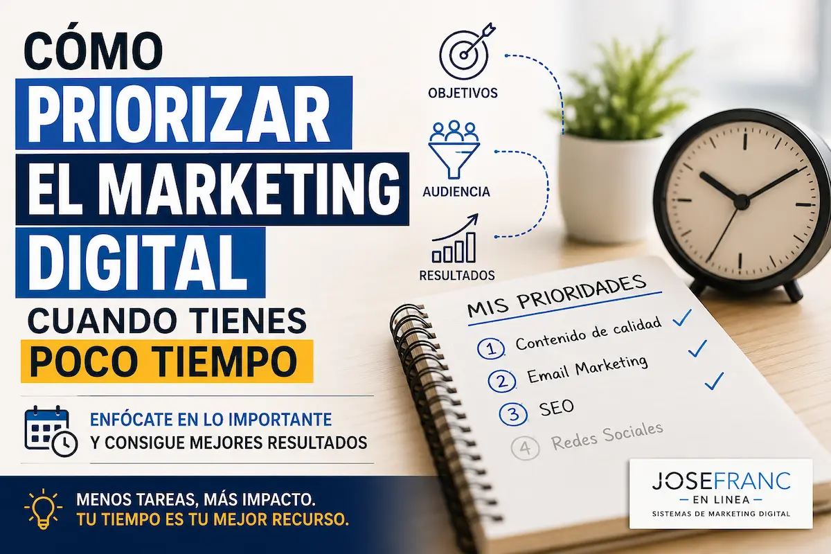 Cómo priorizar el marketing digital cuando tienes poco tiempo y centrarte en las acciones más importantes para obtener mejores resultados.