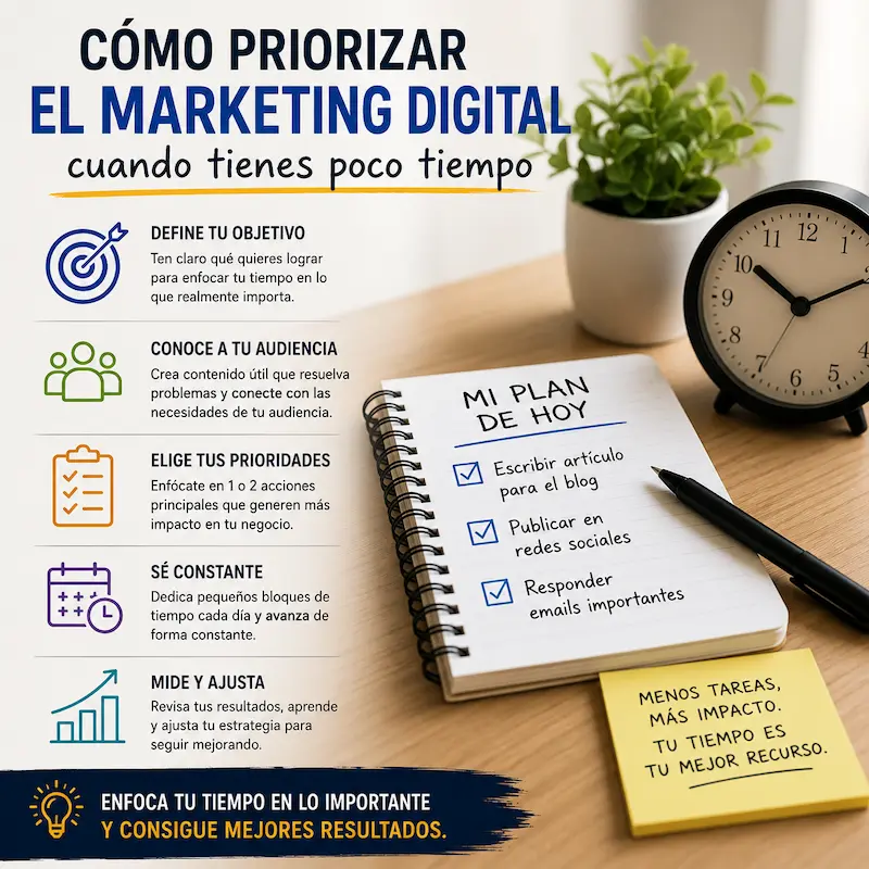 Pasos para priorizar el marketing digital cuando tienes poco tiempo y centrarte en las tareas que generan más resultados.