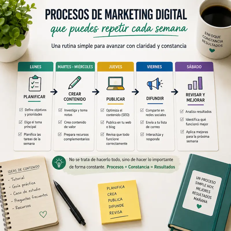 Infografía con un ejemplo de procesos de marketing digital semanales que incluye planificación, creación de contenido, publicación, difusión y revisión de resultados.