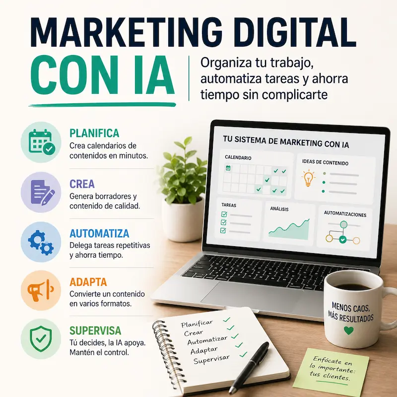 Marketing digital con IA para planificar contenidos, automatizar tareas y organizar el trabajo
