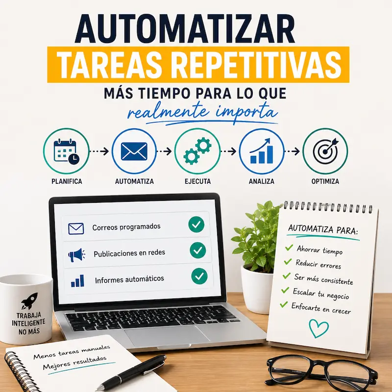 Automatizar tareas repetitivas dentro de un sistema de marketing digital para optimizar procesos y ahorrar tiempo.