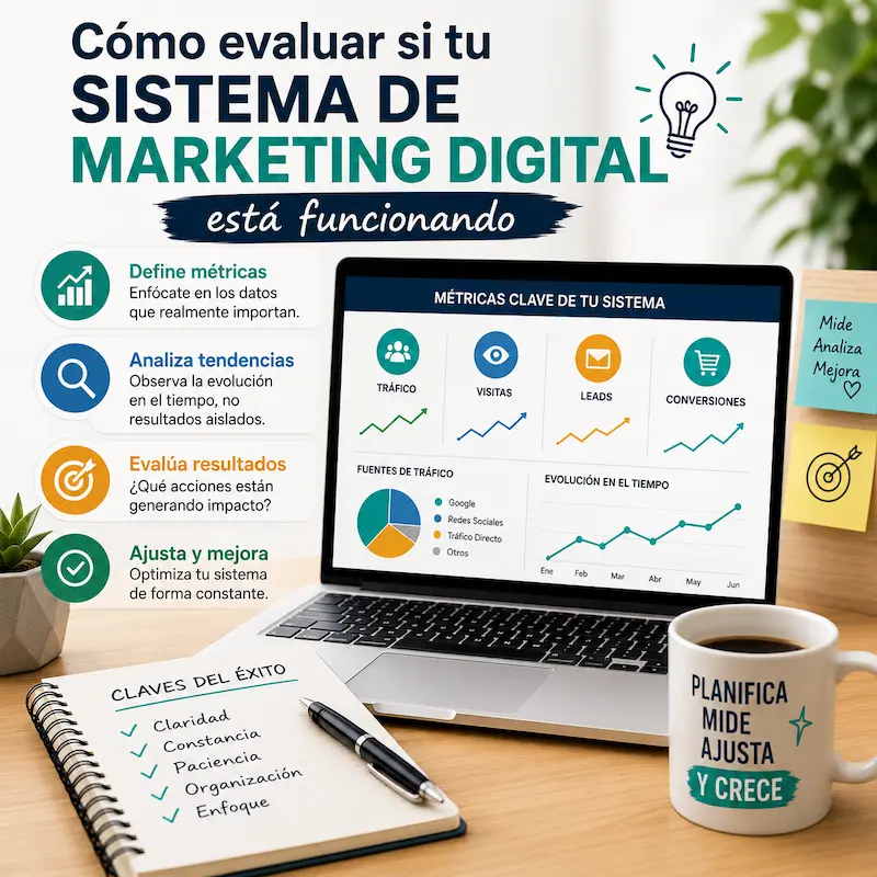Evaluación de un sistema de marketing digital mediante métricas, análisis y mejora continua.