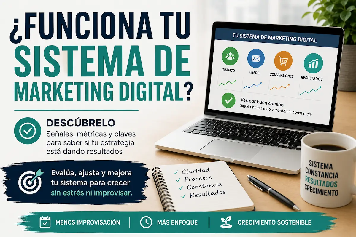 ¿Funciona tu sistema de marketing digital? Infografía con laptop, cuaderno y taza, mostrando métricas, señales y crecimiento sostenible.