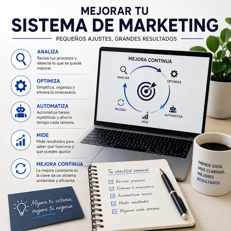 Proceso para mejorar sistema de marketing revisando procesos, optimizando tareas y realizando mejoras continuas de forma sostenible.